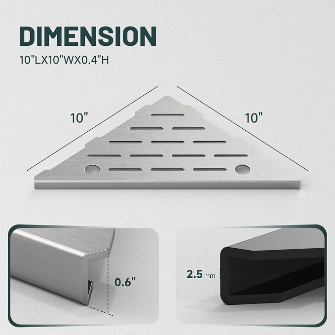 10" Corner Shower Shelf, 304 Stainless Steel Slot Design Bathroom Shower Shelf, Recessed Corner Shelves for Tiled Wall, 2 Pack, Brushed Nickel