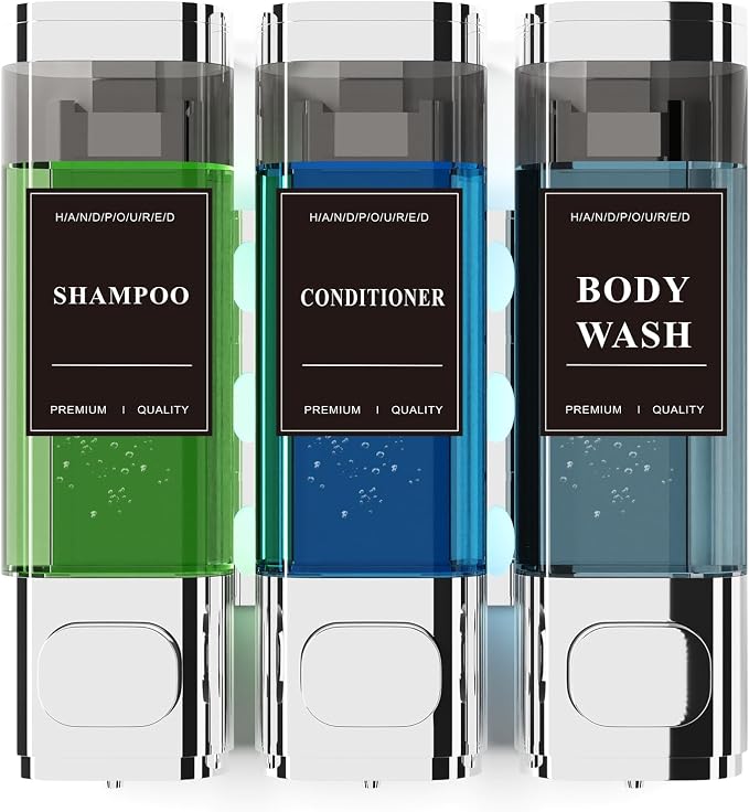 Shampoo and Conditioner Dispenser – Wall-Mounted Shower Soap Dispenser, No-Drill Installation, Lockable, 900 ml Capacity,for Bathroom & Hotel or Airbnb (Electroplated Silver, 3-Pack)