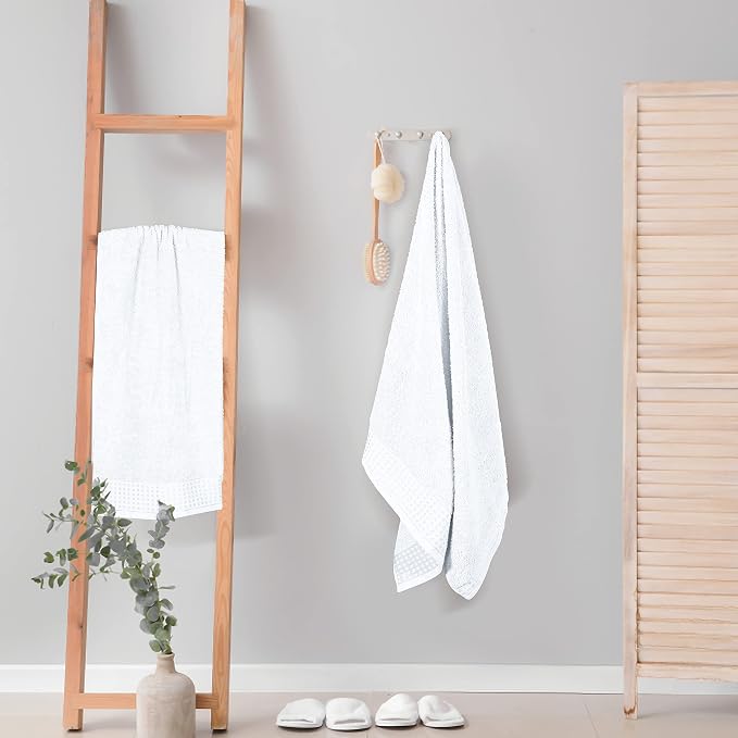 GLAMBURG 100% Cotton 2 Pack Oversized Bath Towel Set 28x55 Inches, Ultra Soft Highly Absorbant Compact Quickdry & Lightweight Large Bath Towels, Ideal for Gym Travel Camp Pool - White