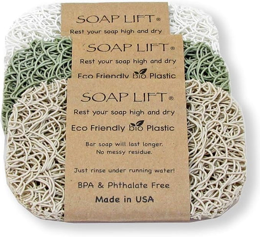 Soap Lift Soap Bar Holder - Flexible Shower Tray with Self-Draining Design - Soap Saver Made of BPA-Free Bioplastic - Handmade Soap Lift for Dishes, Shower & Bathroom Sink -3-Pack (Sage, Bone & White)
