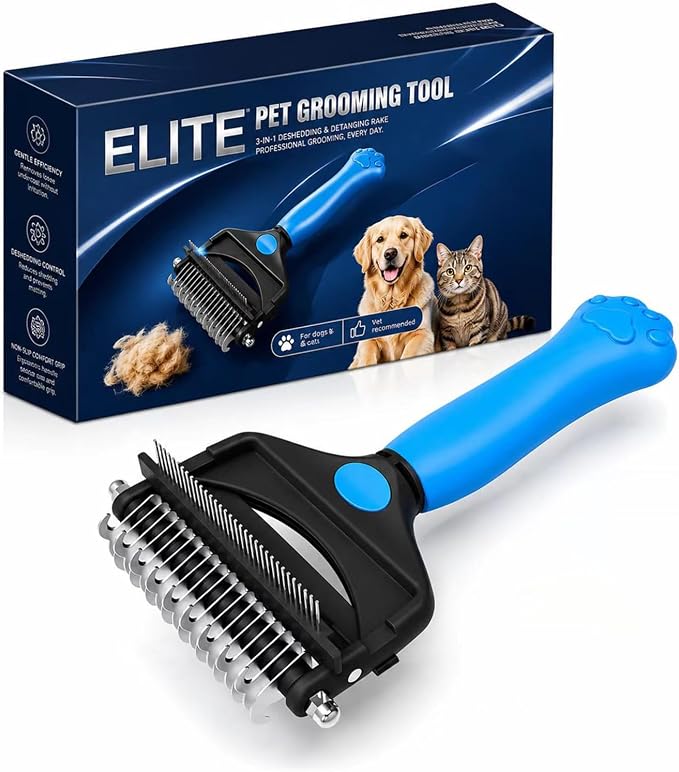 Deshedding Dog Brush，3-in-1 Undercoat Rake for Dogs，Pet Pro Grooming Tool – Ultimate Dematting Comb & Deshedding Brush for Cats and Dogs, Perfect for Shedding & Detangling (Blue)