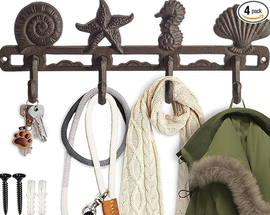 Comfify Rust Brown Seashell Cast Iron Wall Hook Rack – 4 Hooks, 13.5" | Rust Brown; 2 seashells + starfish + seahorse; 4"H x 13.5"L; cast iron; includes screws and anchors; coastal decor
