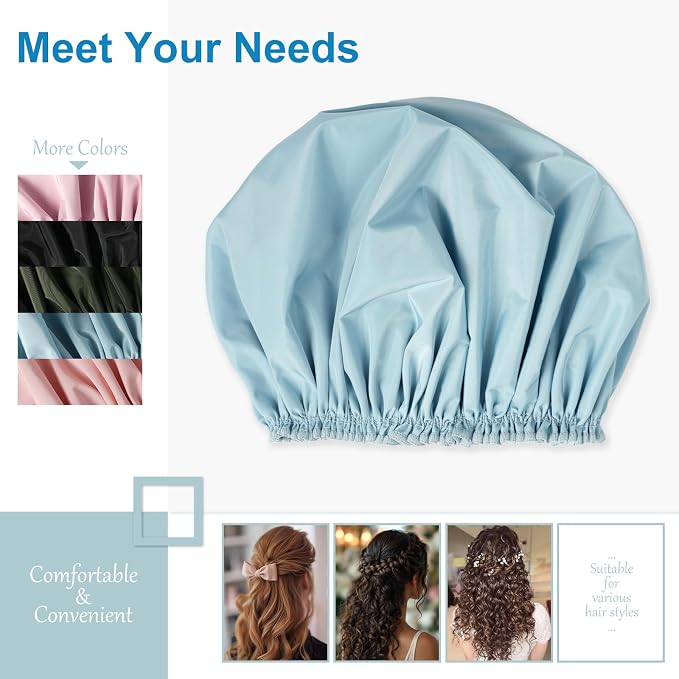 Shower Cap for Women, Large Waterproof Shower Bonnet | Double Layer, Reusable Hair Protector, Washable Large Bath Cap, Wide Elastic Band, for Long Hair, Braids - Blue