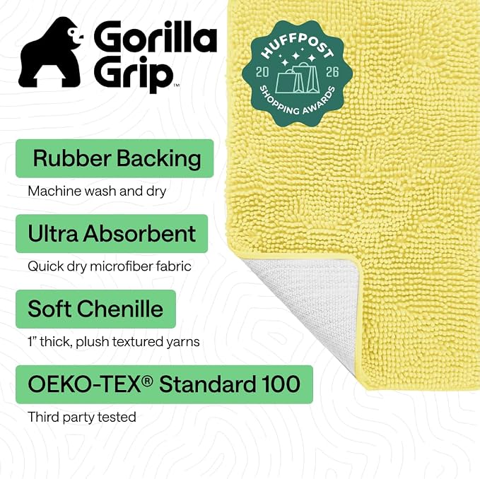 GORILLA GRIP Bath Rug Mat for Bathroom, Absorbent Chenille, 36x24 Yellow | Soft Thick Quick Dry Microfiber Mats, Rubber Backing, Machine Washable Tub and Shower Floor Rugs, Home Decor Essentials