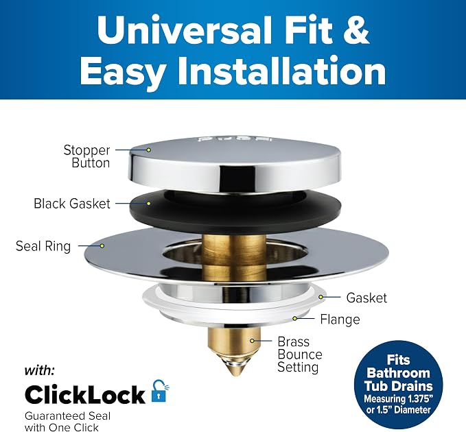 Tub Daddy Pro Universal Bathtub Drain Stopper – ClickLock Seal, Hair Catcher, Easy Install, Chrome & Nickel Finish