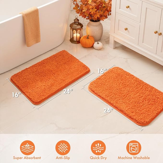MIULEE Fall Orange Bathroom Rugs Set 2 Piece Small Soft Bath Mats 16x24 in | Soft Absorbent Microfiber Bath Rugs, Non Slip, Quick Dry, Fluffy Bath Rugs for Bathroom Floor Tub Showers, Machine Washable