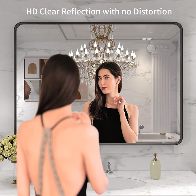 LOAAO 40X30 Inch Black Bathroom Mirror Metal Framed | Matte Black, Rounded Rectangle, Anti-Rust, Tempered Glass, Hangs Horizontally or Vertically