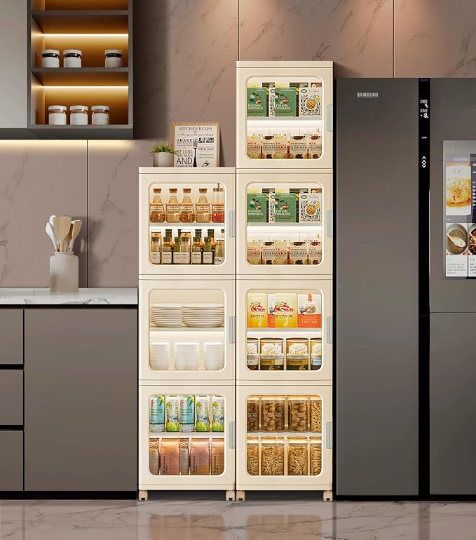 4-Tier Tall Narrow Bathroom Storage Cabinet with Doors and Adjustable Shelves Slim Foldable Cabinets with Wheels Small Spaces Plastic Organizers for Kitchen Laundry Room Bedroom Pantry,Beige
