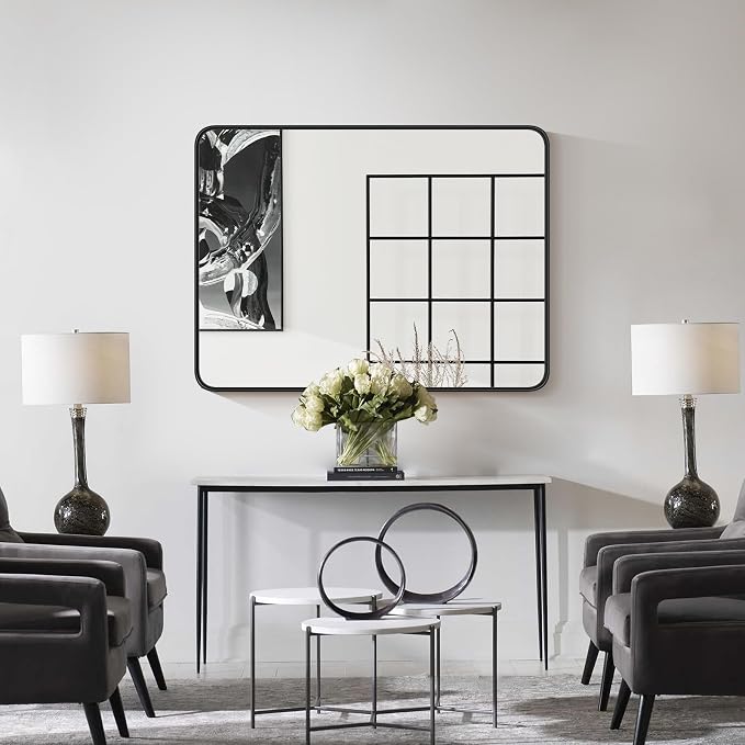 40x30 Inch Rectangle Bathroom Mirror for Wall, Matte Black Metal Framed, Bathroom Vanity Mirrors for Restroom Farmhouse, Anti-Rust, Tempered Glass, Horizontally or Vertically Hanging