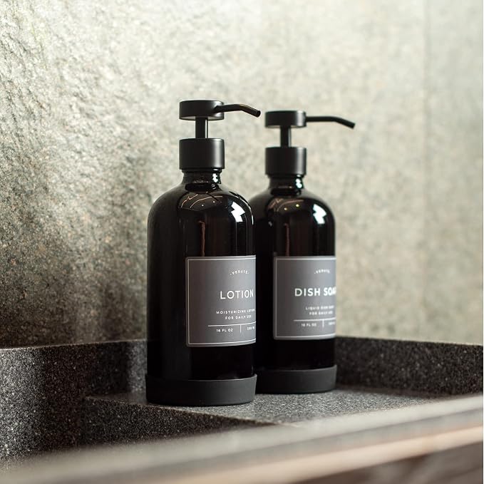 Hand and Dish Soap Dispenser for Kitchen and Bathroom, Set of 2 16 Oz Glass Bottles, Stainless Steel Pumps, Non-Slip Silicone Base, 27 Waterproof Labels (Gloss Black Bottle/Black Pump)