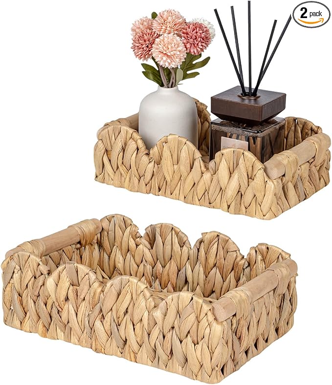 Kriitools Scalloped Wicker Rattan Baskets for Shelf, Toilet Paper Storage Basket for Over Toilet Storage Shelf, End Table, Living Room, Bedroom, Shelves, Handwoven Farmhouse Home Decor, Natural Set 2
