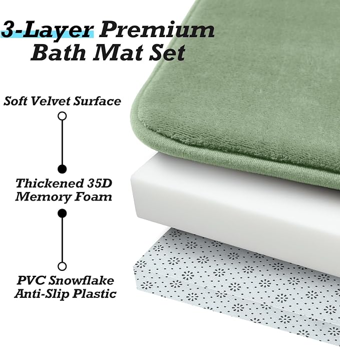 Bathroom Rugs Sets 2 Piece, Non-Slip & Quick Dry Bath Mat Set, Ultra Soft Velvet Bath Rugs for Bathroom, Toilet and Shower Floor, Grey Green