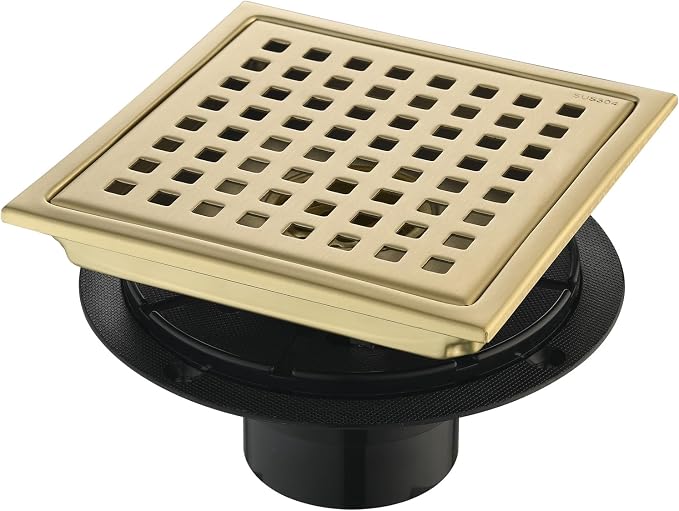 6 Inch Shower Drain 304 Stainless Steel Brushed Gold Square Shower Floor Drain Kit with Flange, Removable Cover Grille, Hair Filter for Bathroom, Kitchen, Balcony