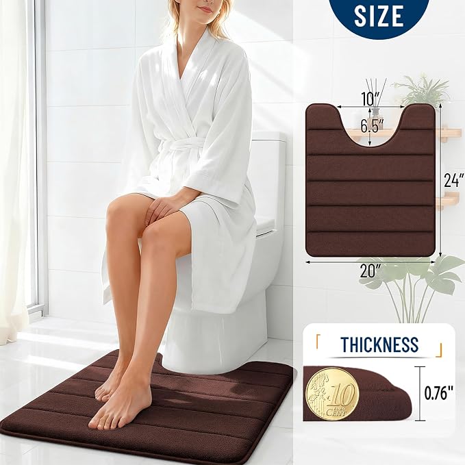 OLANLY Memory Foam Toilet Rugs U Shaped 24x20, Super Soft and Absorbent | Brown, Quick Dry Commode Contour Bath Rugs, Machine Washable Toilet Mat, Comfortable Bathmat Carpet for Bathroom Floor