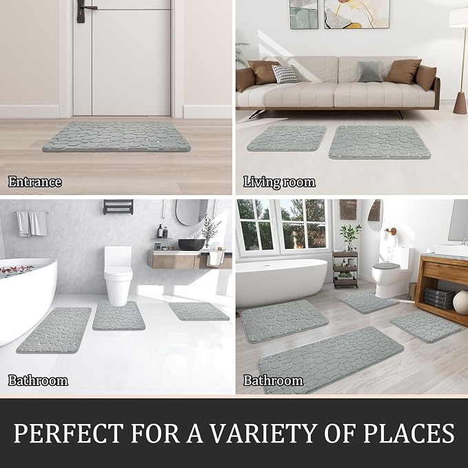 YIHOUSE Bathroom Rugs Mat Set, Memory Foam Bath Mat 2 Piece Gray | 17x24&20x32, Non Slip, Water Absorbent, Washable, Bath Mat For Bathroom, Sink and Toilet