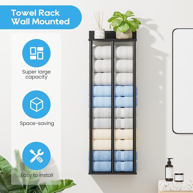 Towel Racks for Bathroom Wall Mounted with Wooden Storage Shelf | Updated 3 Bar Metal Towel Holder for Rolled Towels, Black Sturdy and Large Capacity, Towel Storage Organizer