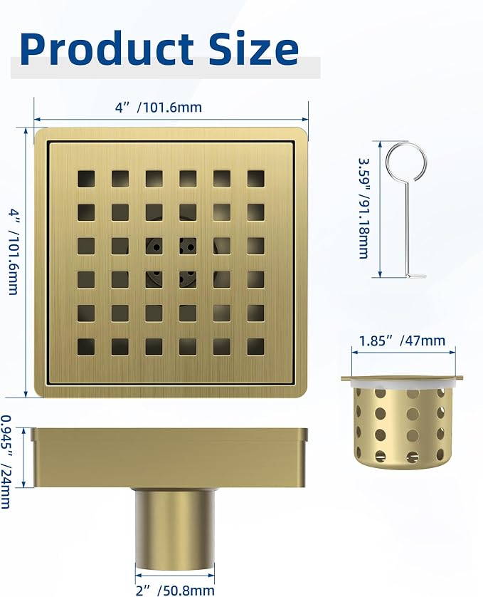 4 Inch Titanium Gold Shower Drain, Modern 304 Stainless Steel Square Shower Drain for Bathroom, Brushed Gold Shower Floor Drain with Grate Removable, Hair Strainer