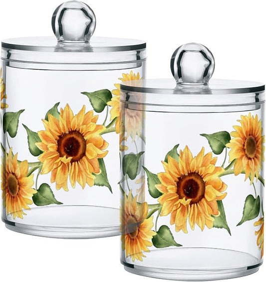 2 Pack Qtip Holder Dispenser for Cotton Ball Sunflower Wreath Cotton Swab Round Pads Clear Plastic Acrylic Jar Set Bathroom Canister