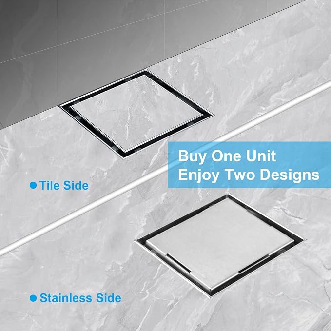 EMBATHER 4 Inch Square Shower Drain with Tile Insert Grate, 304 Stainless Shower Floor Drain and Shower Drain Cover Included Hair Catcher and Leveling Feet, Brushed Nickel