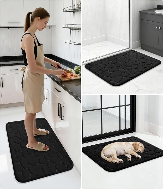 YIHOUSE Memory Foam Bath Mat Cobblestone Bathroom Rugs Super Water Absorbent Bath Mats for Bathroom Machine Washable Bath Rugs(24 x 36,Black)