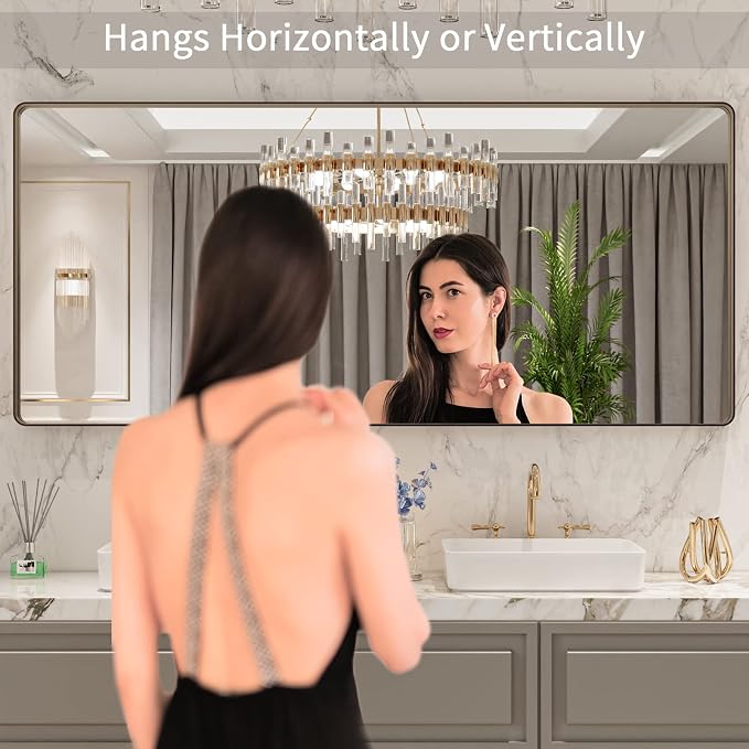 LOAAO 72"X32" Bronze Bathroom Mirror | Rounded Rectangle, Brushed Bronze Metal Frame, Anti-Rust, Tempered Glass, Hangs Horizontally or Vertically