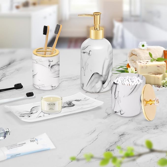 Haturi Bathroom Accessories Set, 4 Pcs Marble Look Sets Soap Dispenser & Toothbrush Holder Counter Top Restroom Apartment Decor Stuff, Glass Kits, Gift for Women and Men, Ink White | Kit w/ Bathroom Soap Dispenser Set, Toothbrush Holder, Qtip Holder, S...