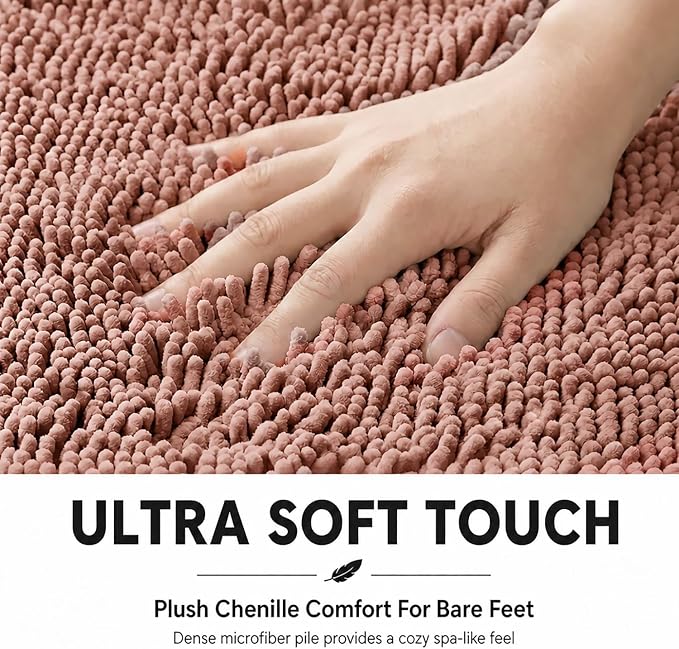 Bathroom Rugs Sets 2 Piece,Super Absorbent Soft,Thick,Machine Washable Chenille Bath Mat,Non Slip Toilet Floor Rug,Bath Mats for Bathroom,20x32 Plus 20x20 U Shape,Dusty Rose