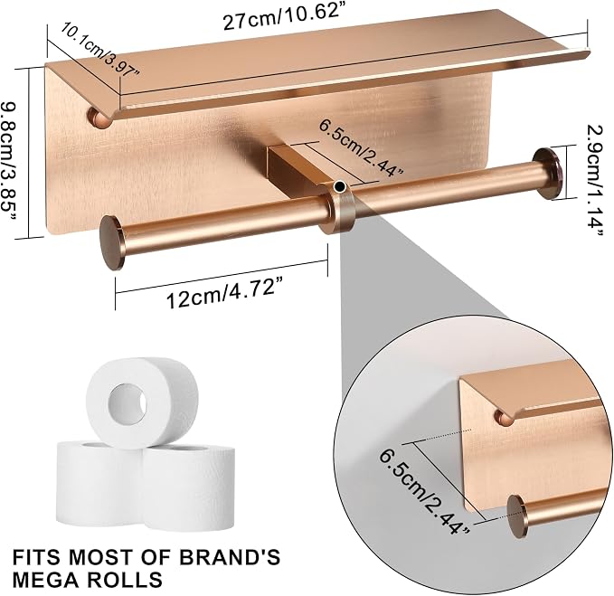 Rose Gold Toilet Paper Roll Holder with Shelf Wall Mounted for Bathroom (Rose Gold, Double Head)