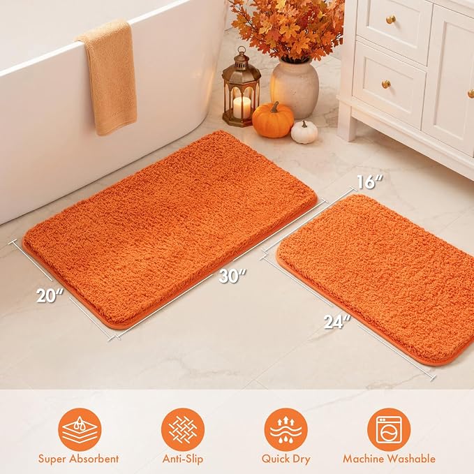 MIULEE Fall Orange Bathroom Rugs Set 2 Piece Soft Bath Mats 16x24+20x30 in | Soft Absorbent Microfiber Bath Rugs, Non Slip, Quick Dry, Fluffy Bath Rugs for Bathroom Floor Tub Showers, Machine Washable
