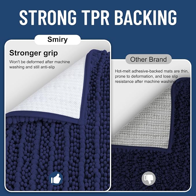 Smiry Bathroom Rugs 44X24, Extra Soft Rubber Backing Chenille Bath Mats | Deep Blue Machine Washable Non Slip Quick Dry Bath Mats for Bathroom Floor, Tub, Shower, Home Decor Accessories