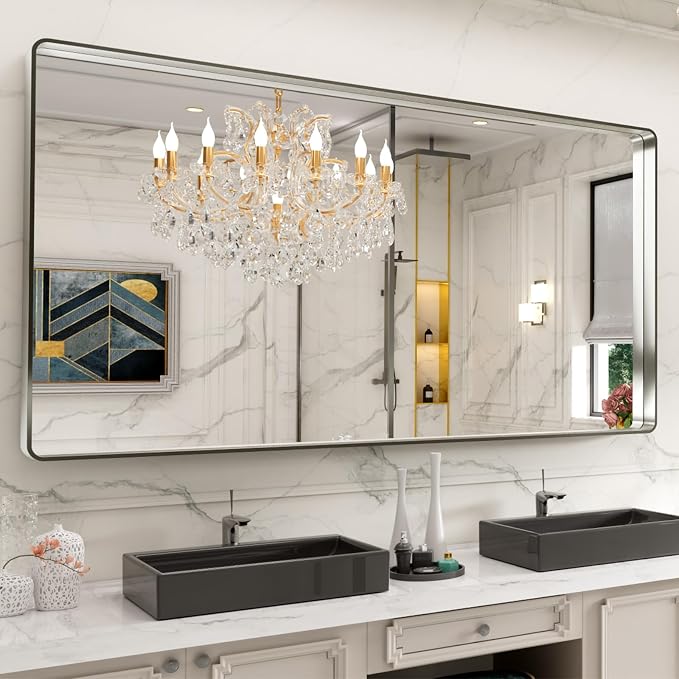 LOAAO Brushed Nickel Bathroom Mirror 77X36 Inch | Rounded Rectangle, Silver Metal Frame, Anti-Rust, Hangs Horizontally or Vertically, Tempered Glass