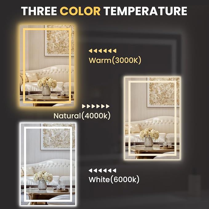 LOAAO 20"X30" LED Bathroom Mirror with Lights, UL Listed | Anti-Fog, Dimmable, 3 Color Temperature, Backlit + Front Lit, Memory Function, Tempered Glass