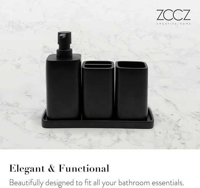 Bathroom Accessory Sets, 4 Pieces Bathroom Accessories Complete Set Vanity Countertop Accessory Set, Includes Lotion Dispenser Soap Pump, Tumbler, Toothbrush Holder and Tray (Matte Black)