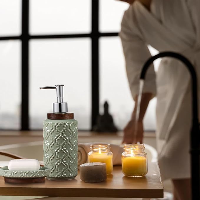 RQYIXI Ceramic 4-Piece Bathroom Accessories Set,Sage Green | Countertop Essentials Embossed Textured Design Solid Wood Non-Slip Detail Sage Green Finish