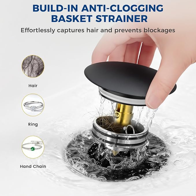 BOTEMY Solid Brass Pop-Up Drain with Overflow for Freestanding Tubs, Tool-Free Installation Bathtub Drain Stopper with Matte Black Finish, Universal Fit 1.8" Hole, Leak-Proof Heavy Duty（Matte Black