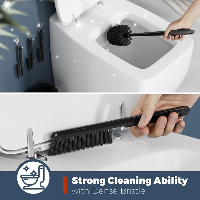 Holaloha Toilet Brush and Holder Set, Space Saving, 3 Pack, Black | Bathroom Accessories, Ergonomic Silicone Handle, Dense Bristles, Deep Cleaning, with 3 Crevice Brushes, Compact Design