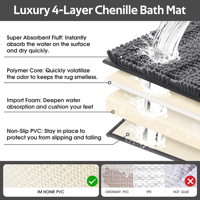 Striped Grey Bathroom Rug Mat Set 2 piece 32"x20"+24"x17" Ultra Soft, Non Slip Chenille Bath Rugs, Absorbent Plush Shaggy Bath Mats for Bathroom, Bedroom, Kitchen, Shower, Tub,Dark Gray, Charcoal
