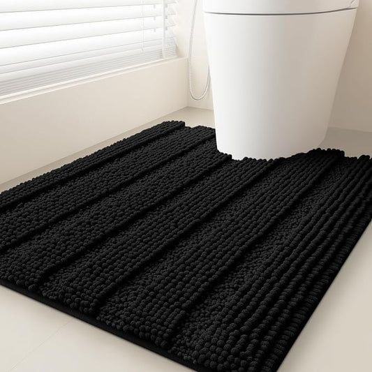 ACCUMTEK Striped Black Toilet Bathroom Rug Mat 24" x 20" Contour Rug Ultra Soft, Non Slip Chenille Bath Rugs, Absorbent Plush Shaggy Bath Mats for Bathroom, Bedroom, Kitchen, Shower, Tub