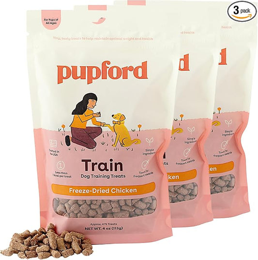 Pupford Freeze Dried Dog & Puppy Training Treats (Chicken, 4 oz, 3 Pack) | 1400+ treats, Ultra low-calorie, Only 2 ingredients, All breed sizes, Mess free and bite sized, Trainer recommended