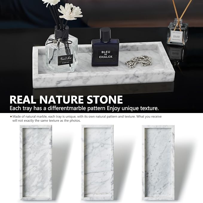 Real Natural Marble Tray for Bathroom, Vanity, Kitchen and Desktop, Rectangle Genuine Marble Stone Tray for Jewelry, Cosmetics, Candles, Lotion, Perfume and Home Decor, 12"x5" Size