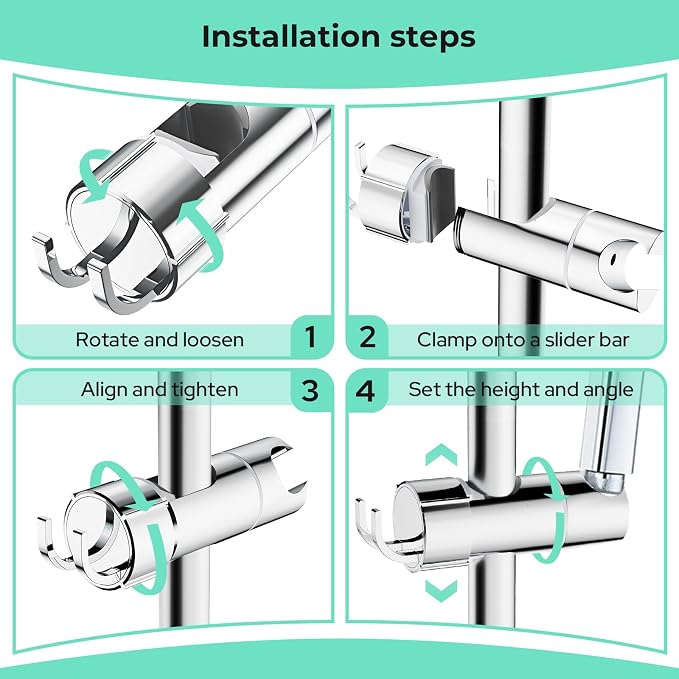 Shower Head Holder with 2 Hooks for 20.5-23.5mm Showerhead, Adjustable Shower Head Bracket for 16-27mm Sliding Rod, Chrome Plated Shower Holder Replacement