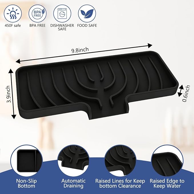 Silicone Sponge Holder for Kitchen Sink With Drain Spout, Self Draining, Kitchen Soap Tray, Bathroom Organizer, Sink Caddy (Black, 10×4)