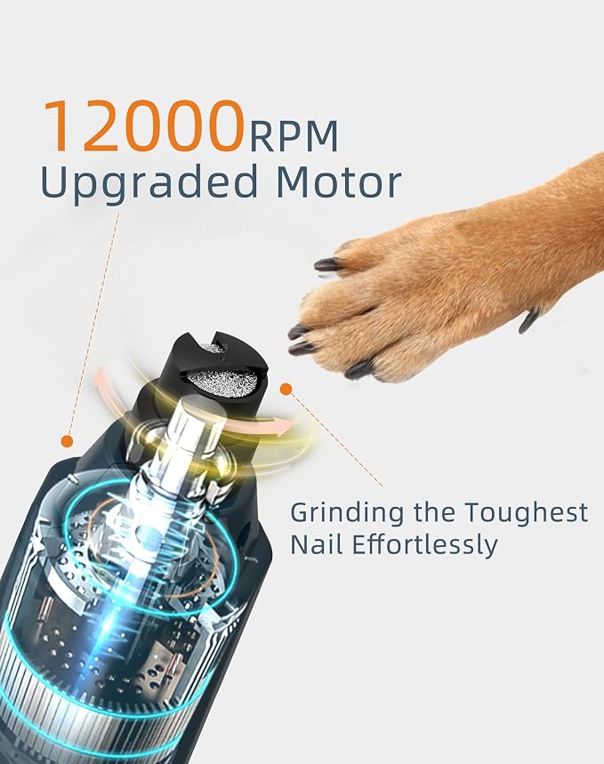 6-Speed Dog Nail Grinder& 5 Grinding Heads with 2 LED Lights | Super Quiet (45 db) Pet Nail grinder 12000RPM & 3 Grinding Ports with Dust Cap Dog Nail Trimmer for Large Medium Small Dogs