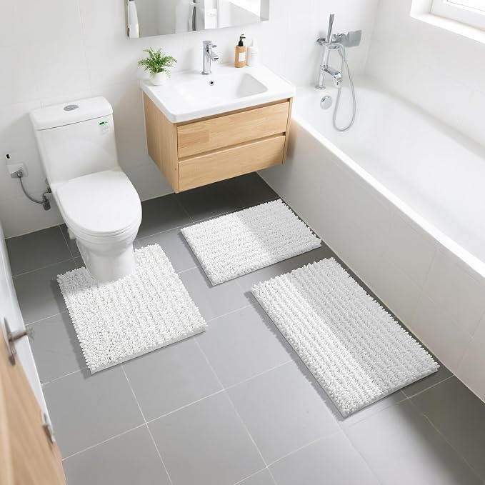 Yimobra Bathroom Rugs Sets 2 Piece - Quick Dry Extra Thick Luxury Chenille Bath Mat, Non Slip Super Absorbent for Tub Shower Sink, Machine Washable Shaggy Floor Mat, 32"x20"+24"x17" Inch, White
