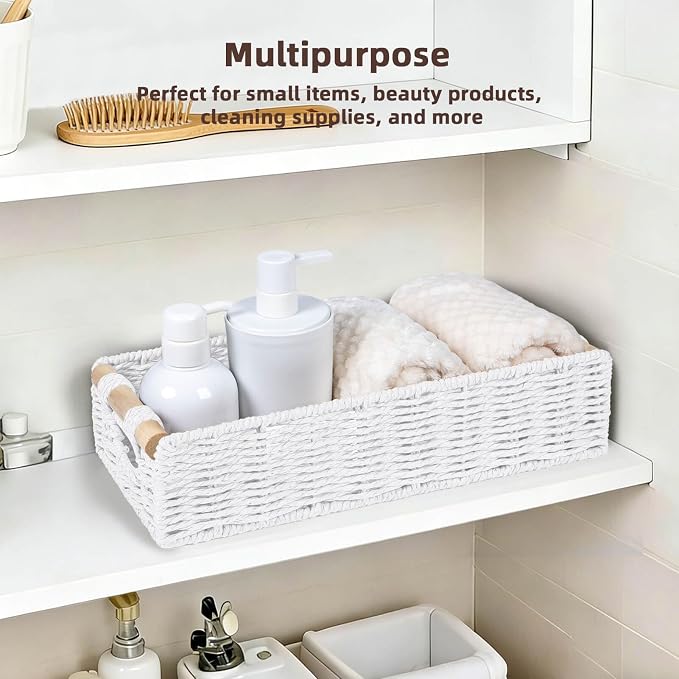 CubesLand Back of Toilet Storage Basket for Organizing w/Cut Out Handle, Handwoven Toilet Tank Top Paper Baskets, Wicker Decorative Basket for Countertop, Home Decor, Living Room, Nursery, White