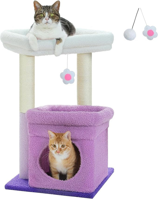 PEQULTI Indoor Cat Tree Tower Small Cats, Sisal Post & Cozy Condo, Purple | Private soft cat condo, soft top perch, natural sisal scratch posts, plush pom-pom toy for indoor kitties