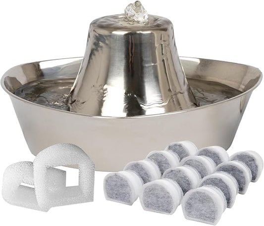 PetSafe Seaside Stainless Pet Fountain, 12 Carbon & 2 Foam Filters, 1 Pump | 60 Oz Capacity, 360-Degree Flow, Triple-Filter with 2.5x More Activated Carbon, Scratch/Rust-Resistant Stainless Steel