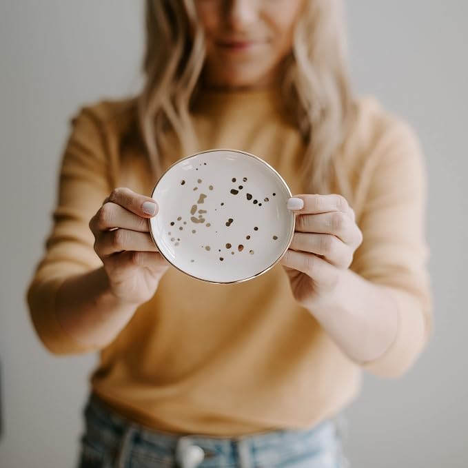 Sweet Water Decor Ring Dish Engagement - Ceramic Wedding Ring Dish for Bridal Shower - Ring Dishes for Women with White & Gold Speckled Decorative - Elegant Ring Dish Holder & Jewelry Organizer