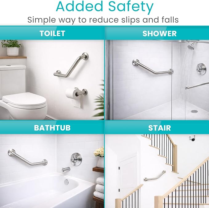 Vive Angled Shower Grab Bar (Supports 440lbs) - ADA Compliant Tub, Bathroom, Bathtub Safety Assist Rail for Handicap, Seniors, Elderly - 16in Grip Handle for Bath and Toilet - Brushed Nickel Finish