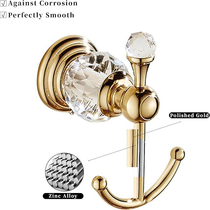Crystal Gold Towel Hook, Gold Bathroom Robe Hook, Coat Rack Hanger Heavy Sturdy Double Towel Hooks Bath Farmhouse Clothes Hook Wall Mounted Modern for Bathroom Kitchen Washroom